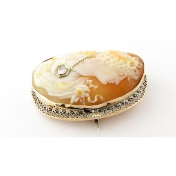 Vintage 14 Karat Yellow Gold and Diamond Cameo Brooch/Pendant #4435 - Picture 2 of 8